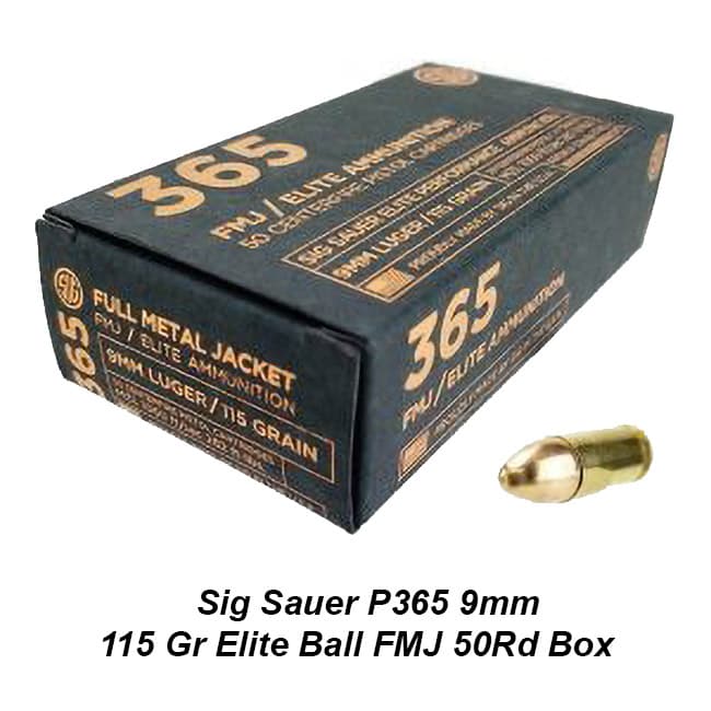 Sig Sauer P365 9mm 115 Gr Elite Ball FMJ 50Rd Box - Image 1