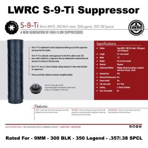 LWRC S-9-Ti, New - LWRC 9MM Suppressor, U07-0435C01, 850069802523, Titanium, For Sale, in Stock, on Sale